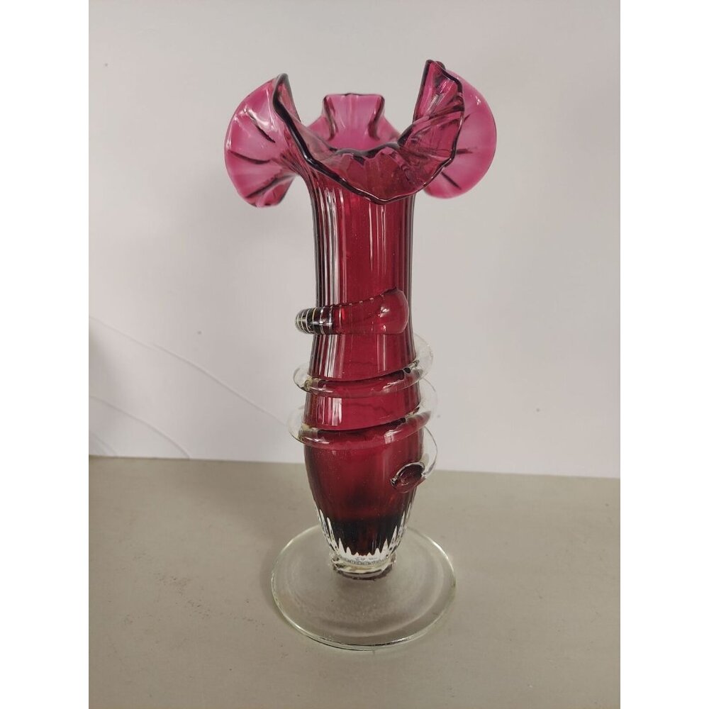Antique Ribbed Cranberry Glass Vase w/ Applied Rigaree Ruffled Edge